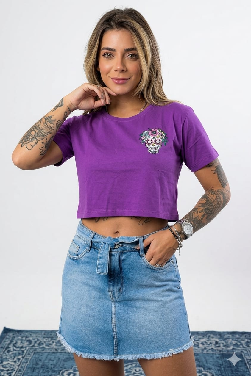 Women's Floral Skull Print Crop T-Shirt Purple 2 Pcs Women's Floral Skull Print Crop T-Shirt Purple 2 Pcs