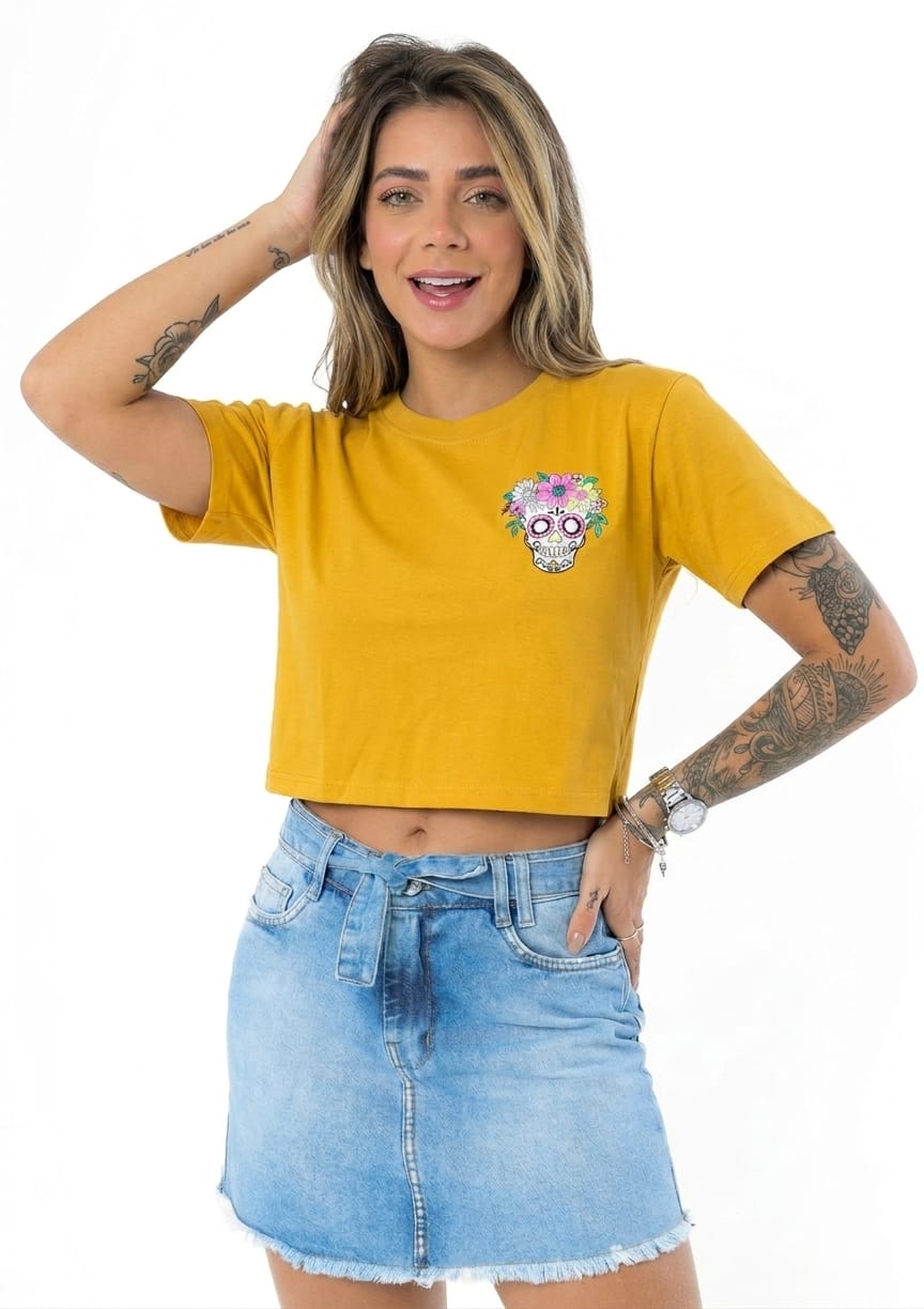 Women's Floral Skull Print Crop T-Shirt Mustard Yellow 2 Pcs Women's Floral Skull Print Crop T-Shirt Mustard Yellow 2 Pcs
