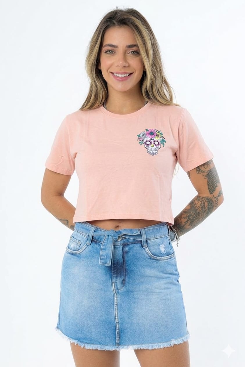 Women's Floral Skull Print Crop T-Shirt Peach Pink 2 Pcs Women's Floral Skull Print Crop T-Shirt Peach Pink 2 Pcs
