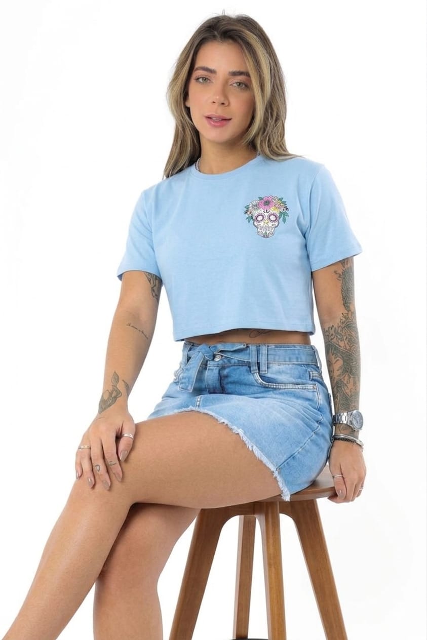 Women's Floral Skull Print Crop T-Shirt Sky Blue 2 Pcs Women's Floral Skull Print Crop T-Shirt Sky Blue 2 Pcs