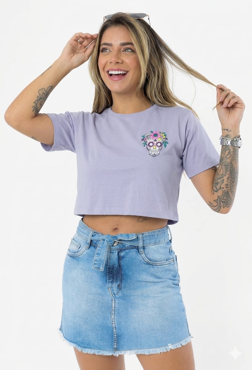 Women's Floral Skull Print Crop T-Shirt Lavender 2 Pcs Women's Floral Skull Print Crop T-Shirt Lavender 2 Pcs