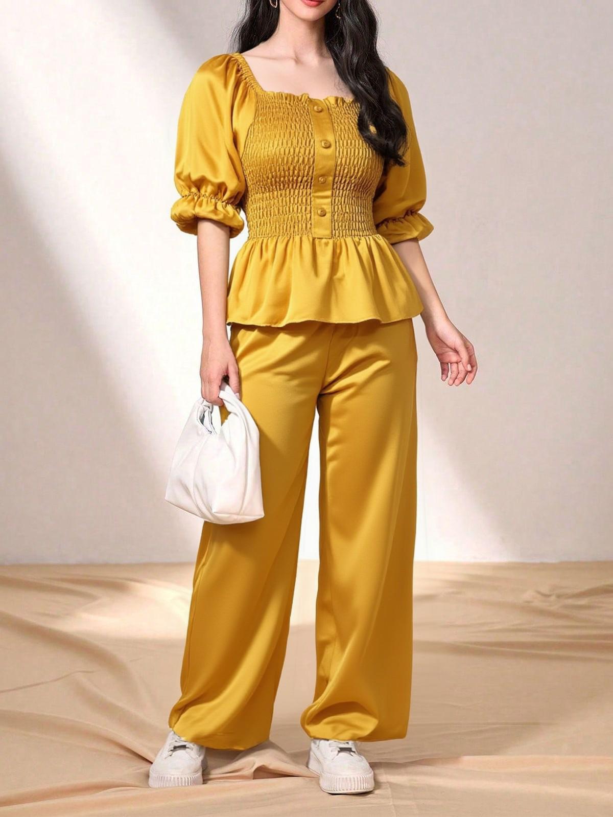 Mustard Yellow Peplum Top Wide Leg Pants Co-Ord Set