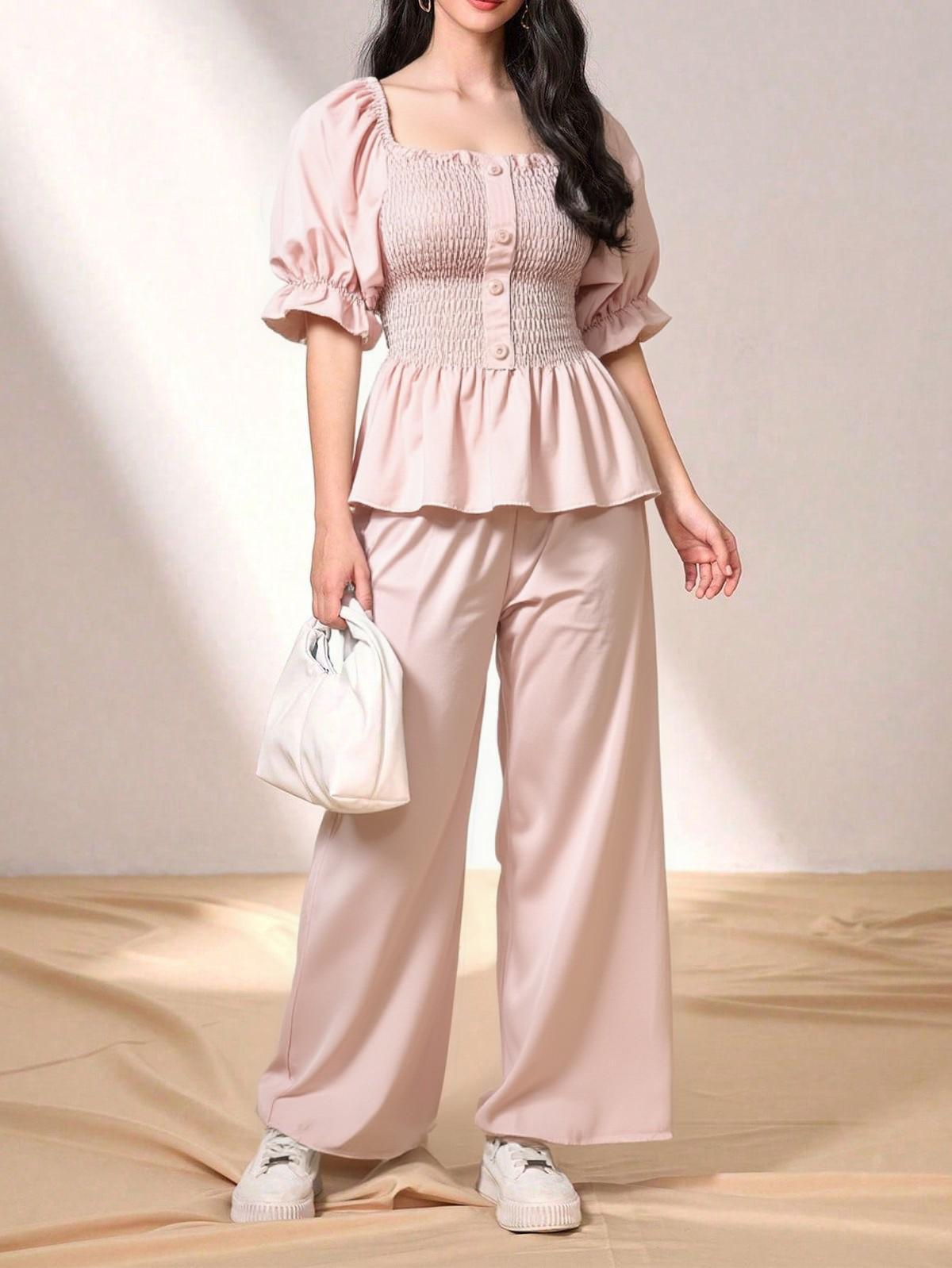 Blush Pink Smocked Peplum Top Wide Leg Pants Set