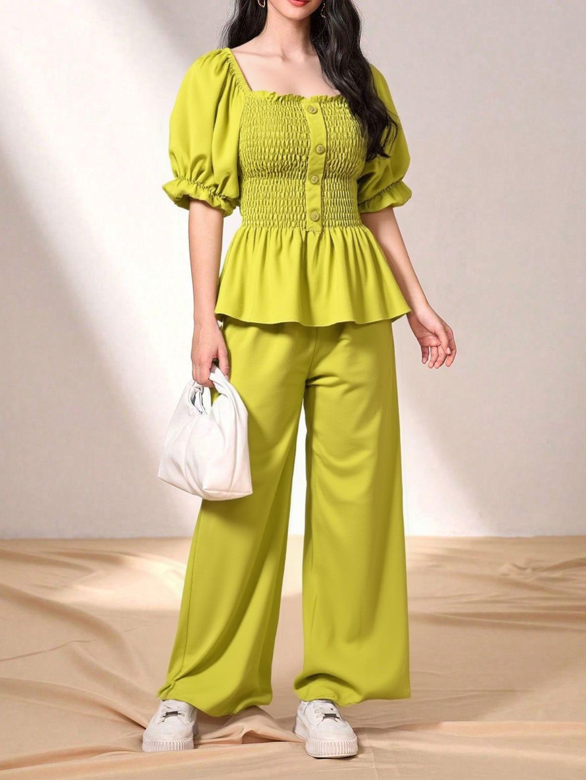 Lime Green Smocked Peplum Top and Pants Co-Ord Set