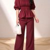 Wine Red Smocked Peplum Top Wide Leg Pants Outfit