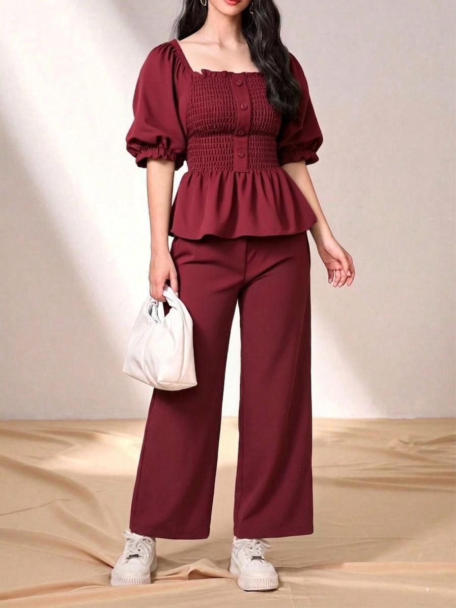 Wine Red Smocked Peplum Top Wide Leg Pants Outfit