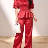 Red Smocked Peplum Top with Wide Leg Pants Co-Ord