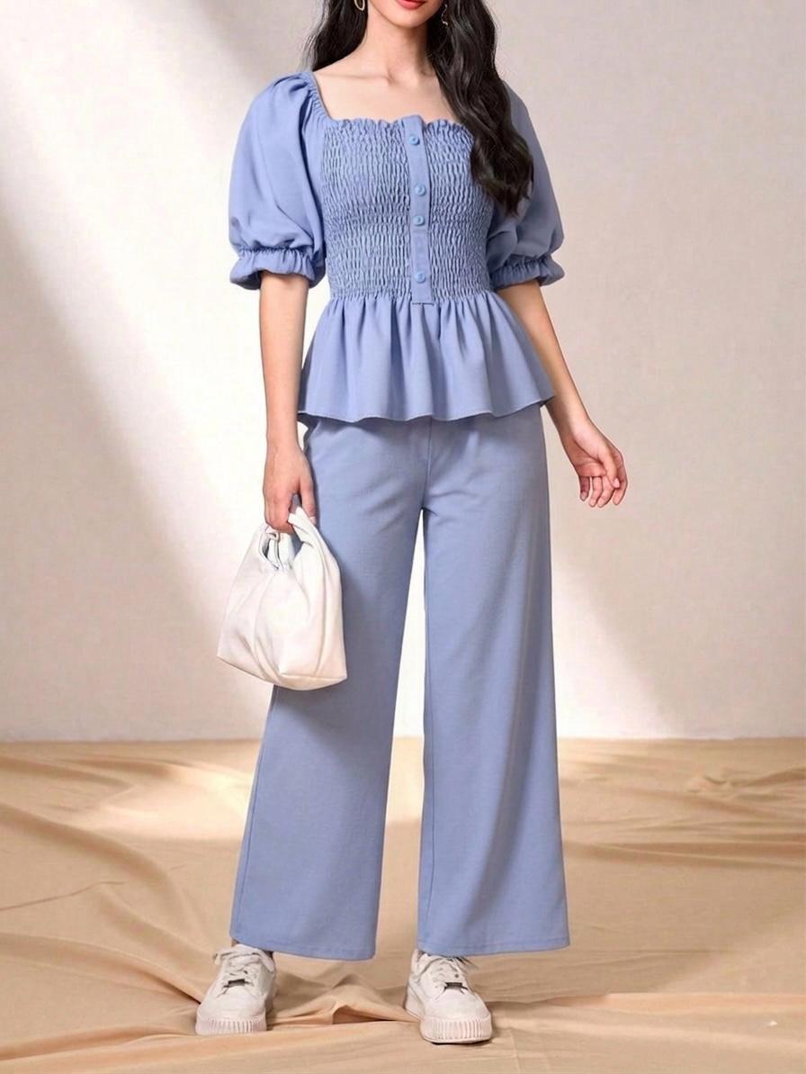 Sky Blue Smocked Peplum Top and Wide Leg Pants Co-Ord