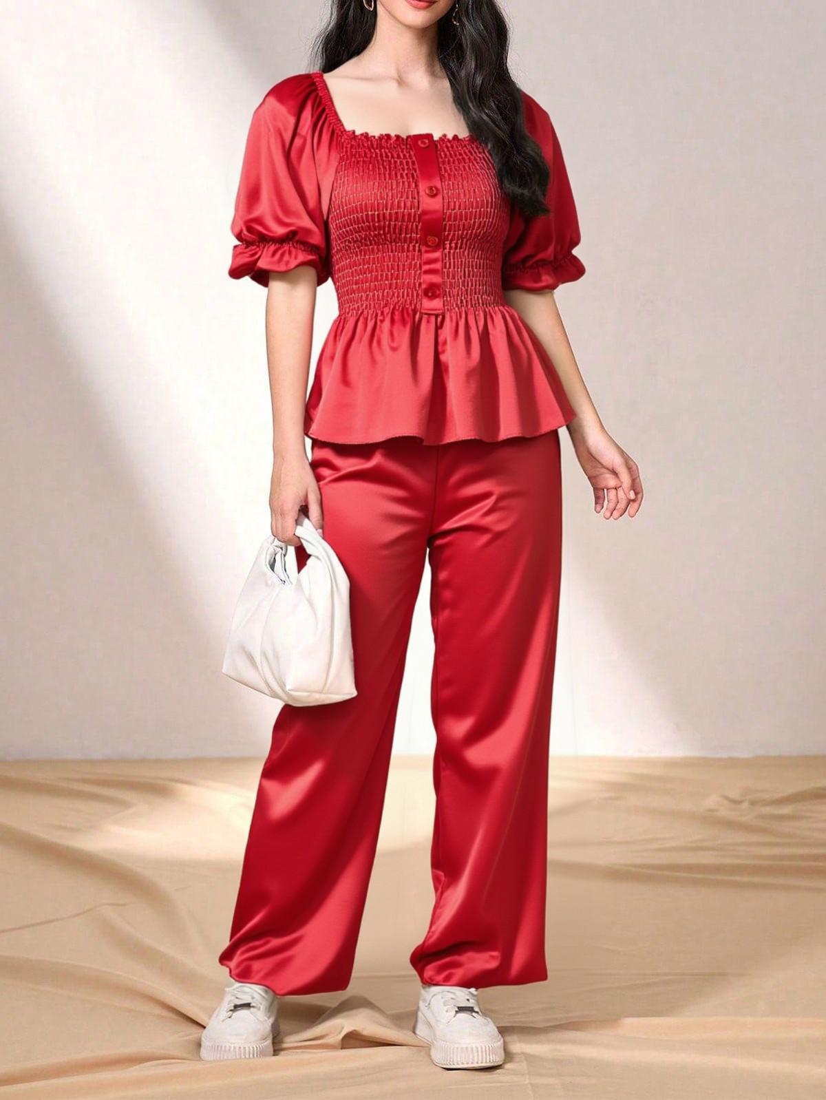 Red Smocked Peplum Top with Wide Leg Pants Co-Ord