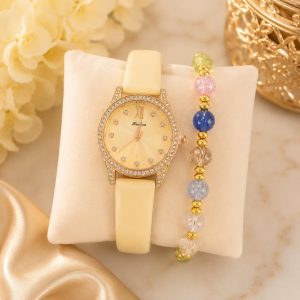 Women’s Crystal Dial Watch & Beaded Bracelet Gift Set