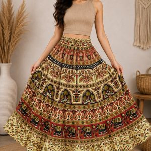 Women’s Bohemian Elephant Print Flared Maxi Skirt