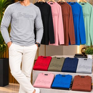 Men’s Long-Sleeve Crew Neck T-Shirt with Raised Chest Detail