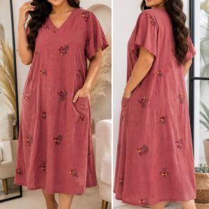 Women’s Floral V-Neck Long House Dress with Pockets